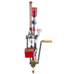 Lee Ultimate Turret Press Kit red and silver reloading press, front view with wood handle