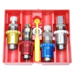 Lee 9MM Luger Breech Lock Carbide Micrometer 4-Die Set, four dies and tools in red case