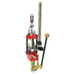 Lee Six Pack Pro Kit red and gold reloading press, front view with dies, tubes and ball handle