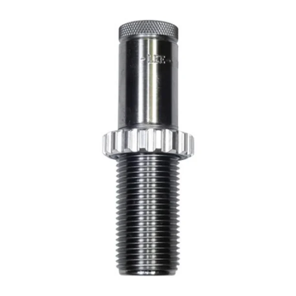 Lee Quick Trim Die Ltd. Production 8.6 Blackout, upright view of silver metal threaded die
