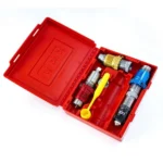 Lee 308 Winchester Micrometer Breech Lock 3-Die Set, dies and yellow tool in open red case