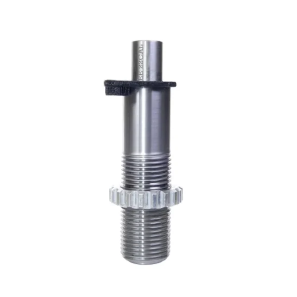 Lee Inline Die Only, silver front view with threaded body, knurled ring and black pin