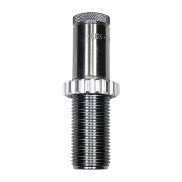 Lee Quick Trim Die, silver front view with knurled top, toothed collar and threaded body