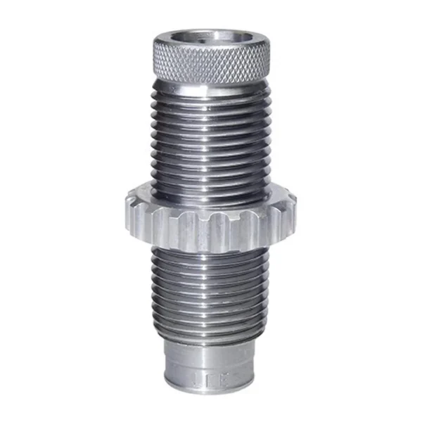 Lee Factory Crimp Die LTD Production, upright view of silver threaded die with knurled top