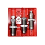 Lee Very LTD Pacesetter 3-Die Set red storage case with three metal dies, top view