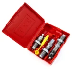 Lee 400 Legend Micrometer Full Length 3-Die Set, dies and tools in an open red case