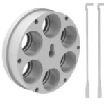 Lee 3 and 6 Hole Ultimate Tool Carrier, angled view of silver six-hole disc with two rods