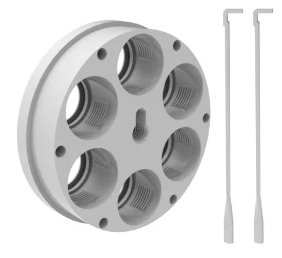 Lee 3 and 6 Hole Ultimate Tool Carrier, angled view of silver six-hole disc with two rods