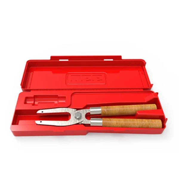 Lee Commercial Mold Handles, wood-grip metal handles in open red storage box