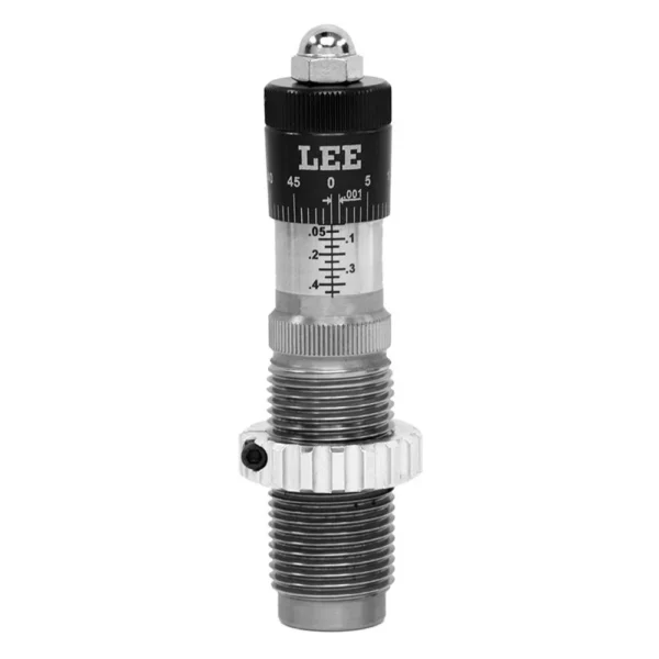 Lee Micrometer Precision Bullet Seater, silver and black die shown upright with scale markings