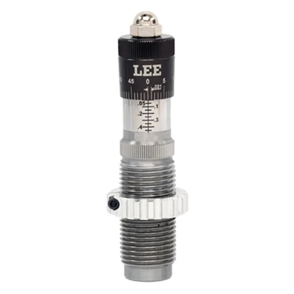Lee Micrometer Precision Bullet Seater Die, silver and black front view with adjustment markings