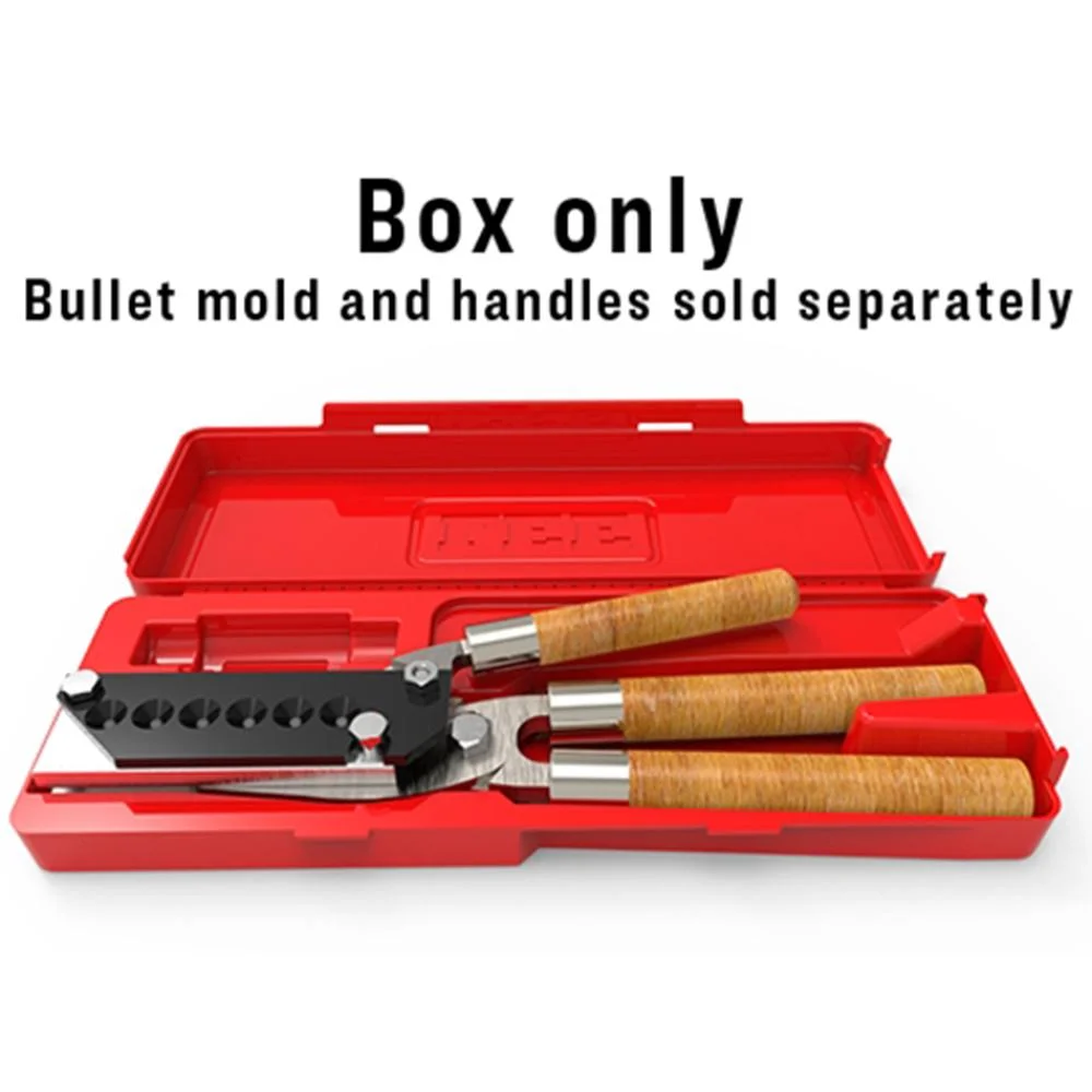 primary-40009 Lee 6 or 18 Cavity Bullet Mold Hinged Case, open red case holding molds and wood handles