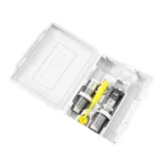 LEE Precision Micrometer Neck Sizing Die Set, open clear case with metal dies and yellow tool