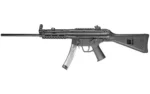 PTR 9R, black rifle in right-side view with long barrel, rail, stock and curved magazine