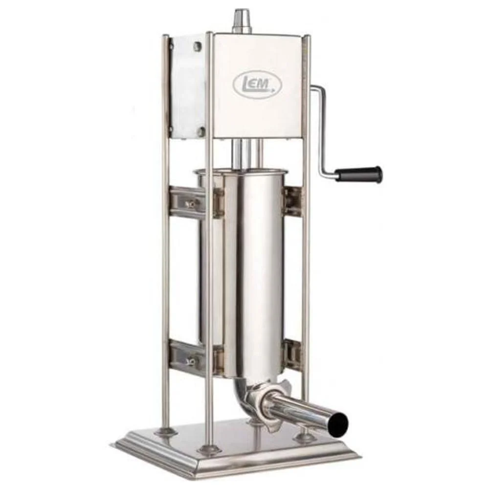 primary-40141 LEM Big Bite Dual Gear Vertical Sausage Stuffer, stainless front view with crank and nozzle