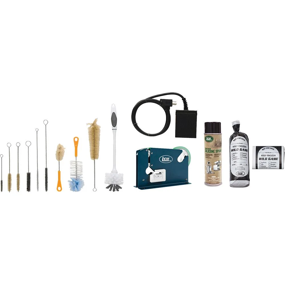 primary-40155 LEM Products Grinder Accessory Kit, front view of assorted brushes, bottles, pouch and tubing