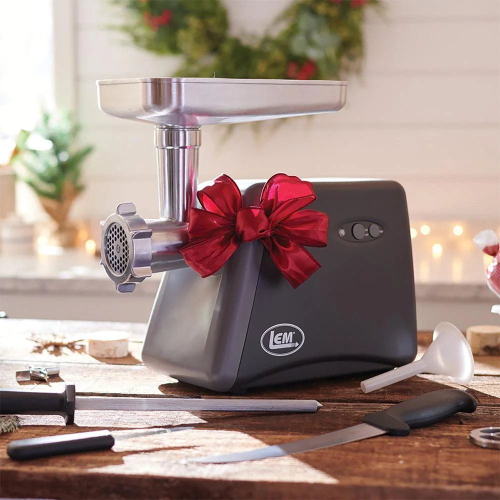 primary-40159 LEM Products # 8 575-Watt Electric Grinder, gray grinder with metal tray and red bow, front view
