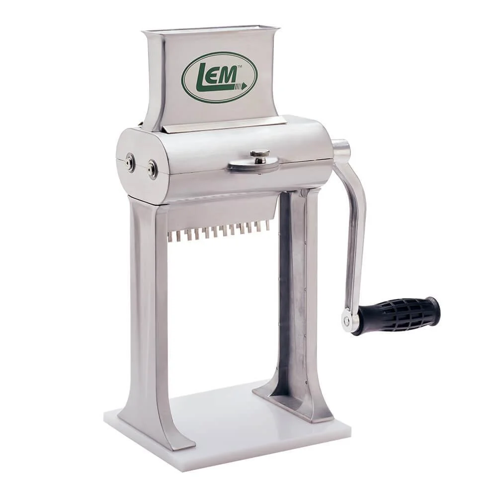 primary-40179 LEM Products 2 in 1 Jerky Slicer and Tenderizer silver front view with top hopper and side crank