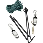 LEM Products Collapsible Gambrel with Rope Hoist, black gambrel bars, green rope, hooks and pulleys