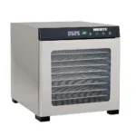 LEM BigBite 10-Tray Stainless Steel Dehydrator, front angled view with digital panel and mesh door