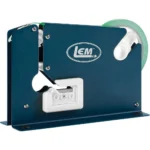 LEM Products Poly Bag Tape Machine, front view of blue metal dispenser with green tape roll