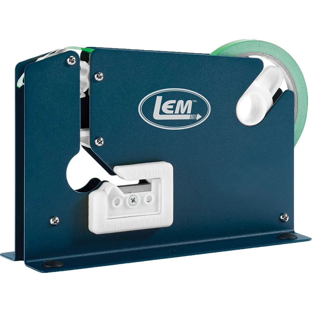 primary-40222 LEM Products Poly Bag Tape Machine, front view of blue metal dispenser with green tape roll