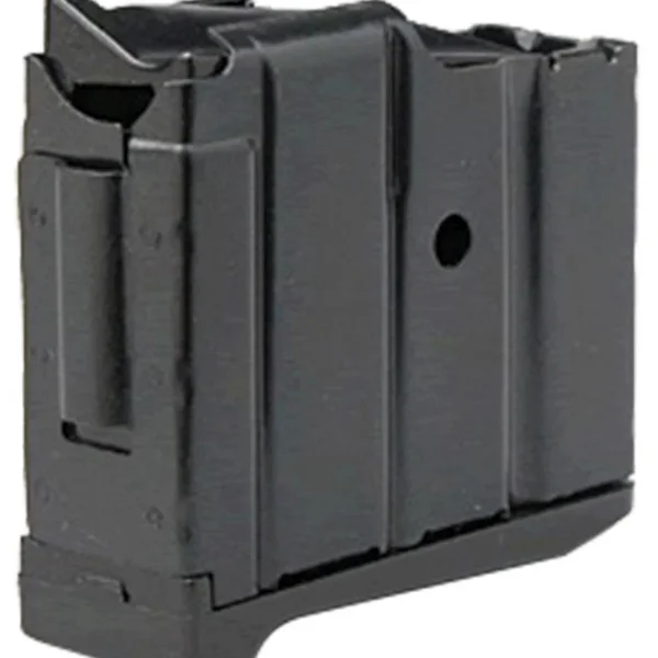 Ruger Mini-14 rifle magazine, black, angled front and side view with metal feed lips