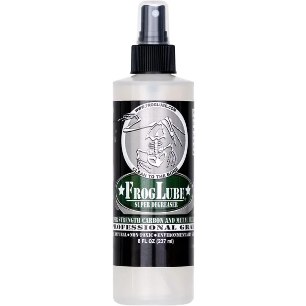 FrogLube Super Degreaser Spray, front view of white bottle with black label and spray top