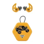 Axil Monster Jam X20 Digatron yellow ear plugs with grey tips and matching hexagonal case