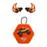 Axil Monster Jam X30i El Toro Loco orange ear plugs with black tips and matching hexagonal case