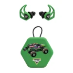 Axil Monster Jam X30i Grave Digger green ear plugs with black tips and matching hexagonal case