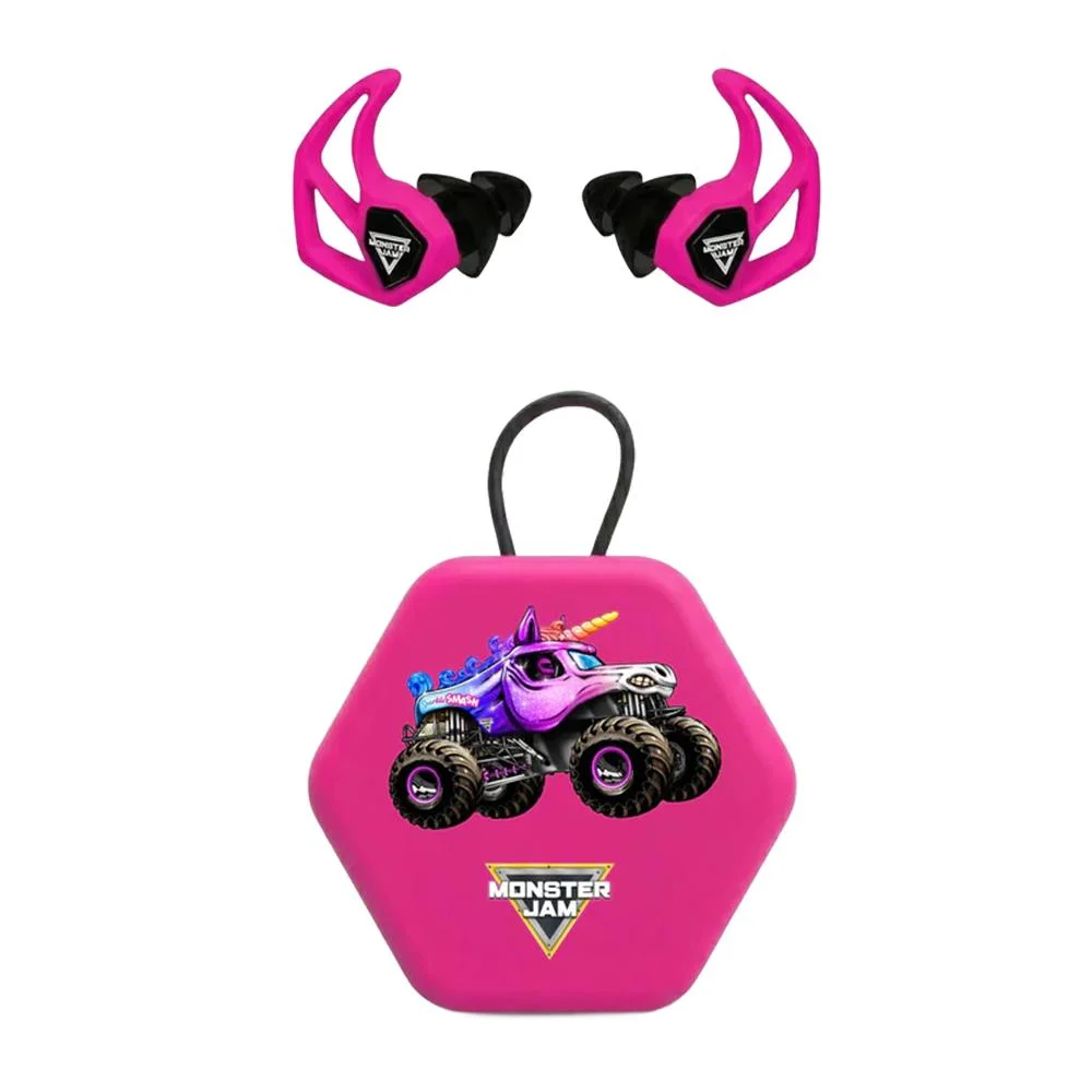 primary-40240 Axil Monster Jam X30i Sparkle Smash pink ear plugs with black tips and matching hexagonal case