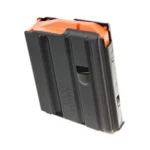 Ruger Rifle Magazine for SR556 Rifle, black box magazine with orange follower, angled view