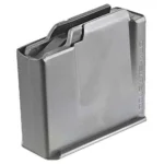 Ruger Scout AI Rifle Magazine, silver metal magazine in angled front and side view