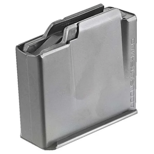 Ruger Scout AI Rifle Magazine, silver metal magazine in angled front and side view