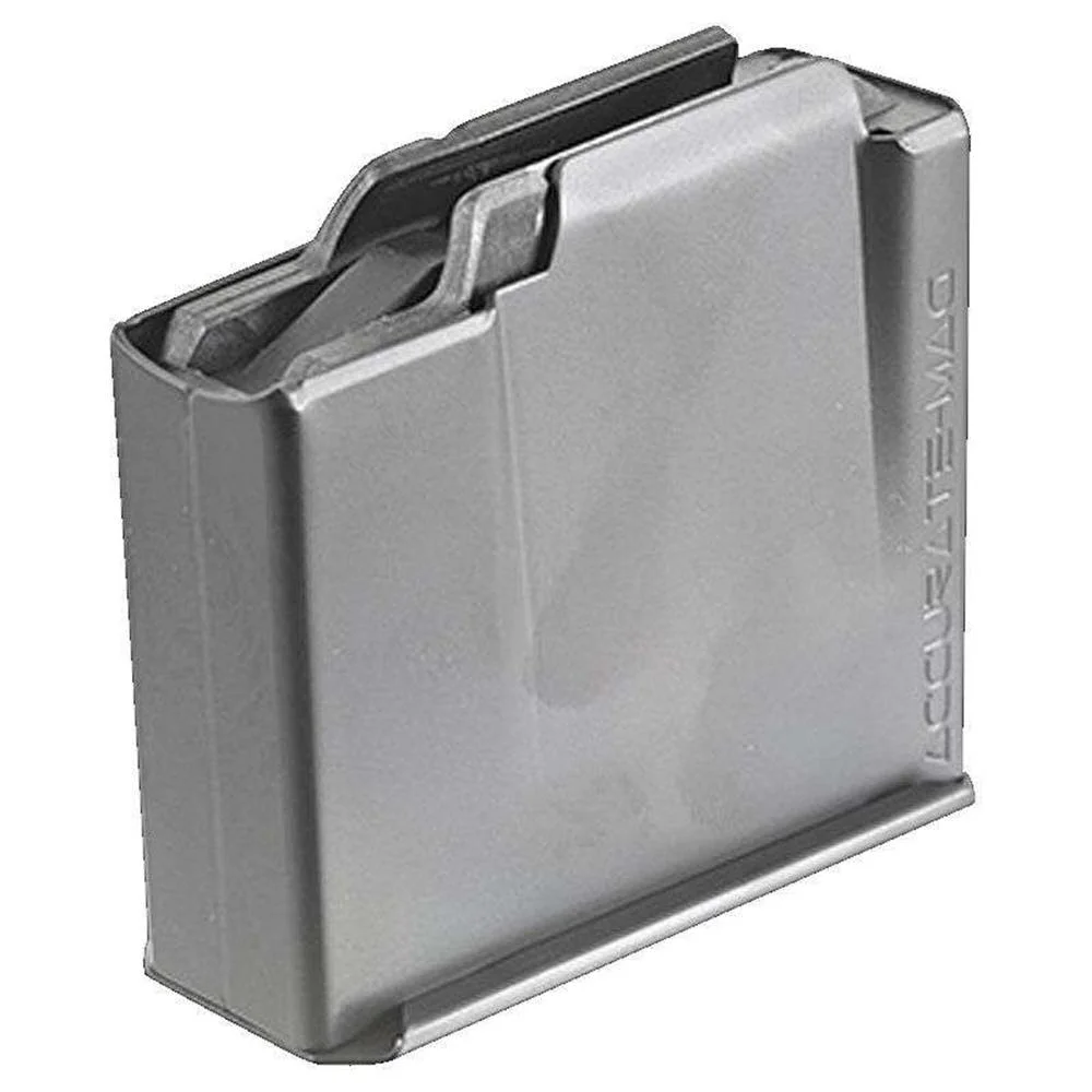 primary-40254 Ruger Scout AI Rifle Magazine, silver metal magazine in angled front and side view