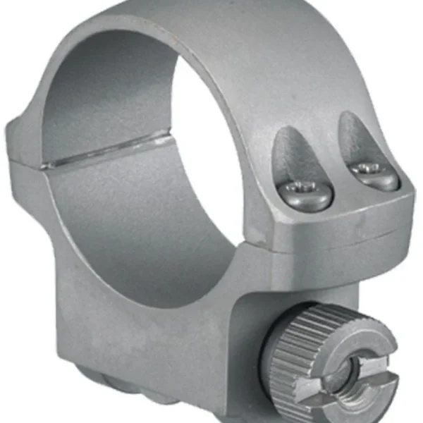 Ruger Steel Scope Ring 3KHM, matte stainless angled view with mounting screws and adjustment knob