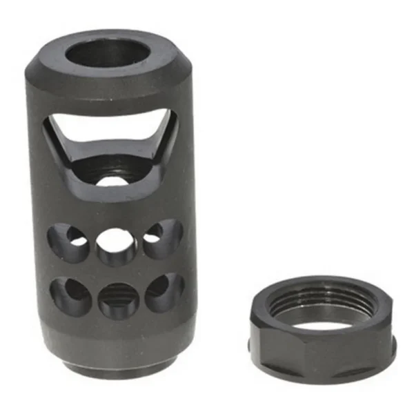 Ruger American Rifle Muzzle Brake, black angled view with side ports and separate threaded nut