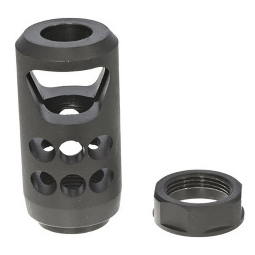 primary-40261 Ruger American Rifle Muzzle Brake, black angled view with side ports and separate threaded nut