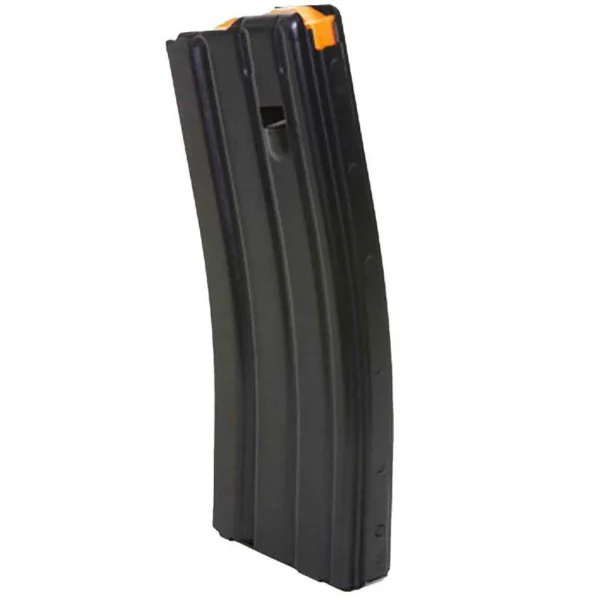 Ruger Rifle Magazine, curved black magazine with orange follower, angled front view