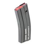 Ruger SR-556 Takedown gray curved rifle magazine with red follower, angled side view