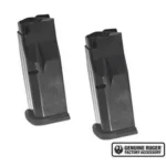 Ruger LCP Max magazines, two black magazines shown upright with extended baseplates