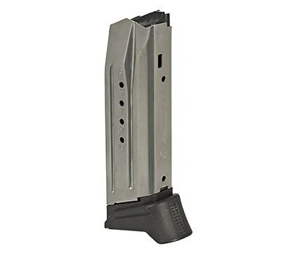 Ruger American Compact handgun magazine in stainless finish with black base plate, angled view