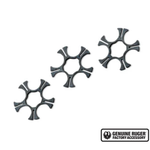 Ruger Moon Clip Speed Loader for SP101, top view of three black star-shaped moon clips
