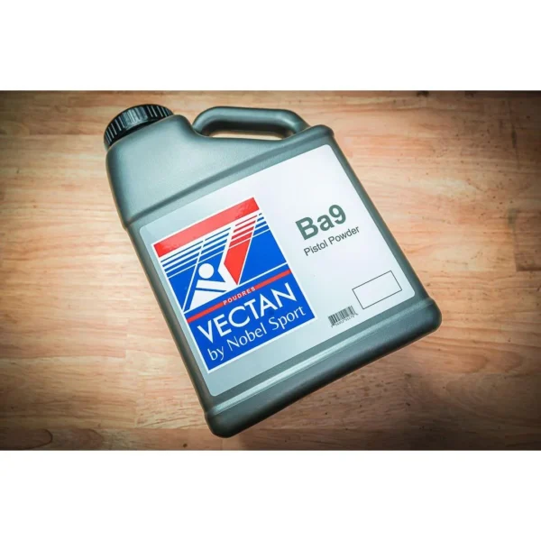 Shooter's World Vectan Ba9, gray powder container with handle and blue, red and white label