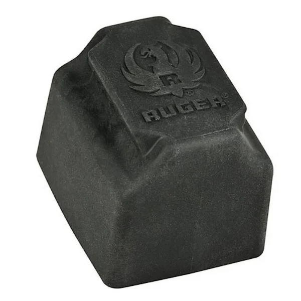Ruger Dust Cover for 10/22 Magazines, black molded cover in angled view with raised Ruger logo