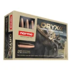 Norma ORYX Rifle Ammunition, angled front view of black and tan box with moose graphic