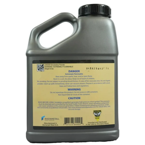 Shooters World The Creed rifle powder, rear view of gray handled jug with yellow label and black cap