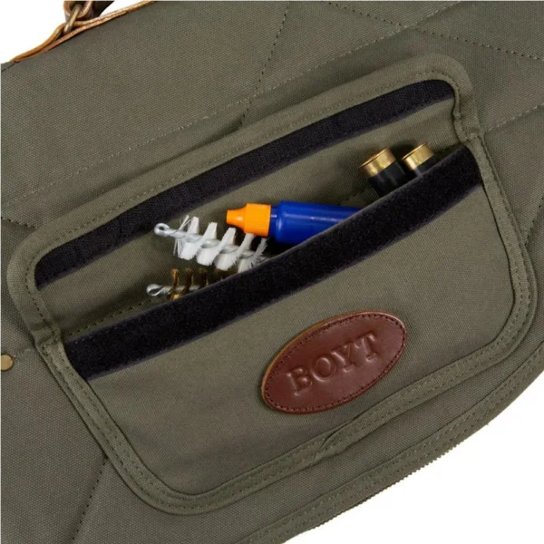 Boyt Signature Series Waxed Canvas Takedown Case, OD green close-up with exterior pocket