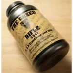 Shooters World The Creed 308 Rifle Powder, black 1 lb bottle with tan label, angled view